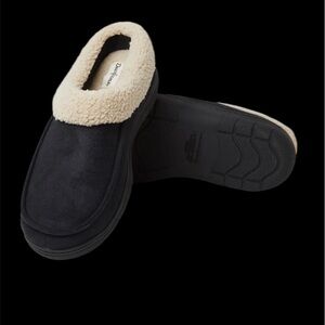 Dearfoams Black microsuede Unisex Slippers with Cream faux Shearling Lining